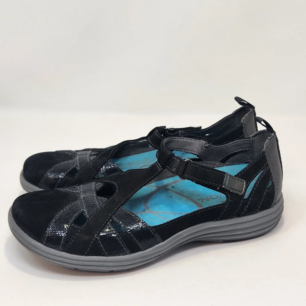 Aravon Womens Black Nubuck Leather Beaumont Fisherman Sandals Size 7.5 B Comfort